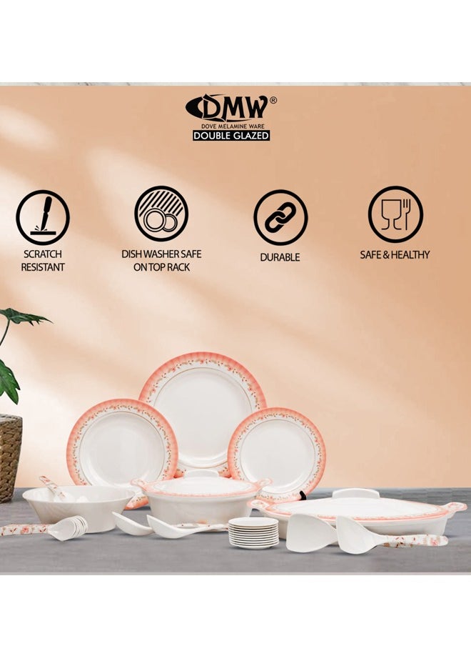 DMW - DMW Prestige Round Design No.2 – Premium Melamine Dinnerware Set, 64 Pieces, Coral Blush Floral Rim, Scratch Resistant, Unbreakable, Dishwasher Safe, Double Glaze for Durability and Elegance - Image 1