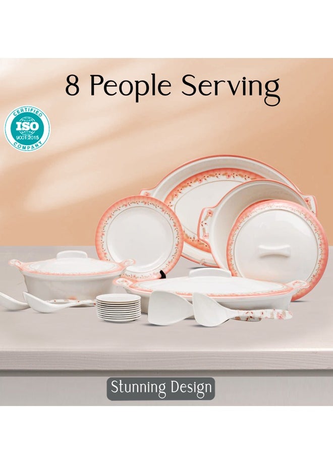 DMW - DMW Prestige Round Design No.2 – Premium Melamine Dinnerware Set, 64 Pieces, Coral Blush Floral Rim, Scratch Resistant, Unbreakable, Dishwasher Safe, Double Glaze for Durability and Elegance - Image 1