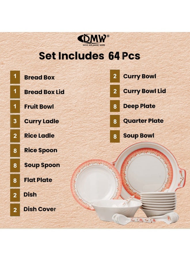 DMW - DMW Prestige Round Design No.2 – Premium Melamine Dinnerware Set, 64 Pieces, Coral Blush Floral Rim, Scratch Resistant, Unbreakable, Dishwasher Safe, Double Glaze for Durability and Elegance - Image 1