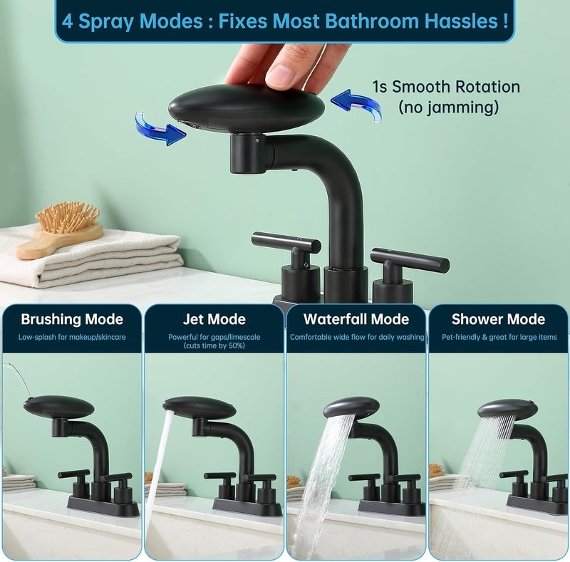TUTEW Bathroom Sink Faucet 3 Hole Matte Black 4 Inch Centerset，4 Modes Waterfall Bathroom Faucet 2 Handle with 360° Swivel Spout & Pop Up Drain - Image 3