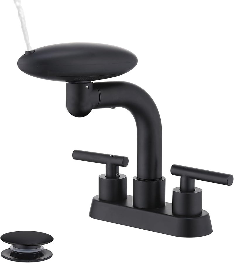 TUTEW Bathroom Sink Faucet 3 Hole Matte Black 4 Inch Centerset，4 Modes Waterfall Bathroom Faucet 2 Handle with 360° Swivel Spout & Pop Up Drain - Image 1