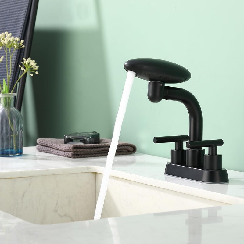 TUTEW Bathroom Sink Faucet 3 Hole Matte Black 4 Inch Centerset，4 Modes Waterfall Bathroom Faucet 2 Handle with 360° Swivel Spout & Pop Up Drain - Image 5