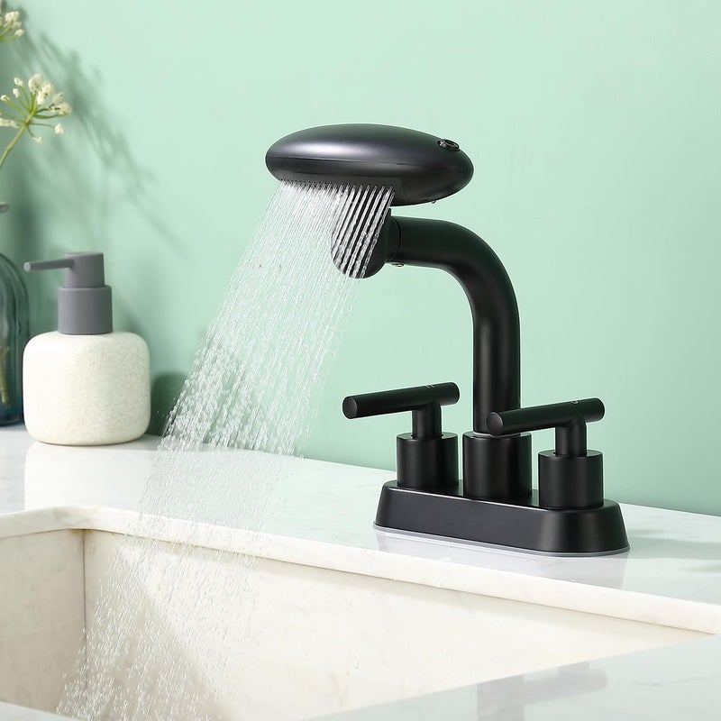 TUTEW Bathroom Sink Faucet 3 Hole Matte Black 4 Inch Centerset，4 Modes Waterfall Bathroom Faucet 2 Handle with 360° Swivel Spout & Pop Up Drain - Image 4