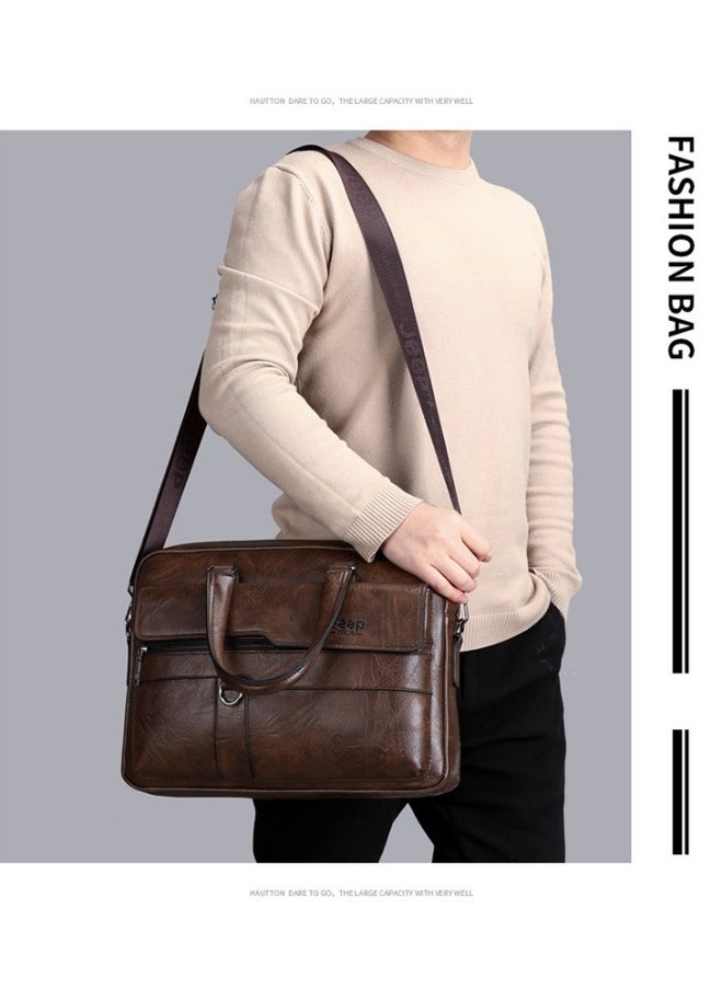 Jeep - Men Briefcase Laptop Messenger Bag PU Leather Handbag Laptop Tote Bag fit 15.6 inch Laptop Shoulder Bag Brown - Image 1