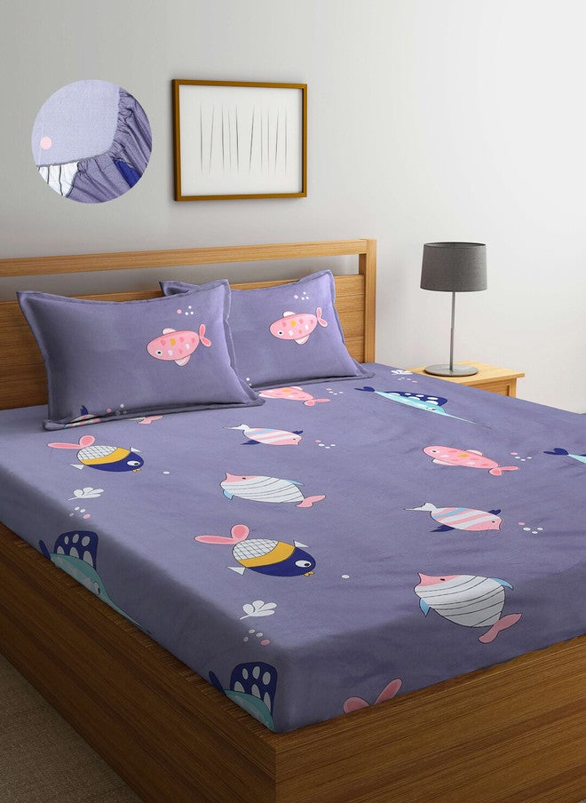 Arrabi Grey Conversational Polycotton 250 TC Fitted King Superfine Bedsheet with 2 Pillow Covers - Image 1