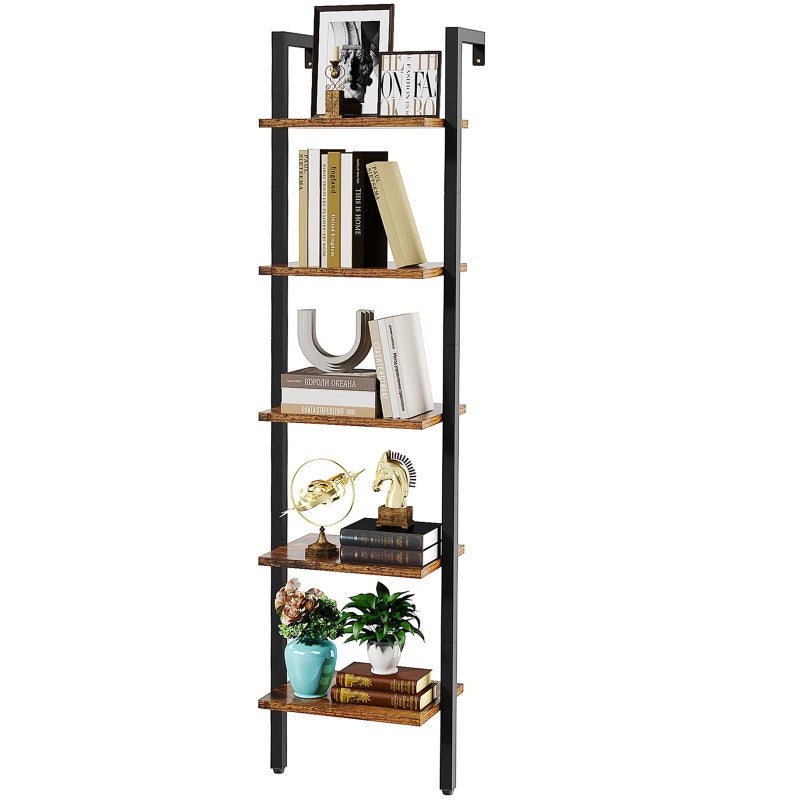 YMYNY Bookshelf Wall Mounted Ladder Shelf 5Tier Bookcase Rack Storage Unit with Metal Frame Industrial Floating Wall Shelf for Living Room Kitchen Office 4030178CM Rustic Brown HBC015H