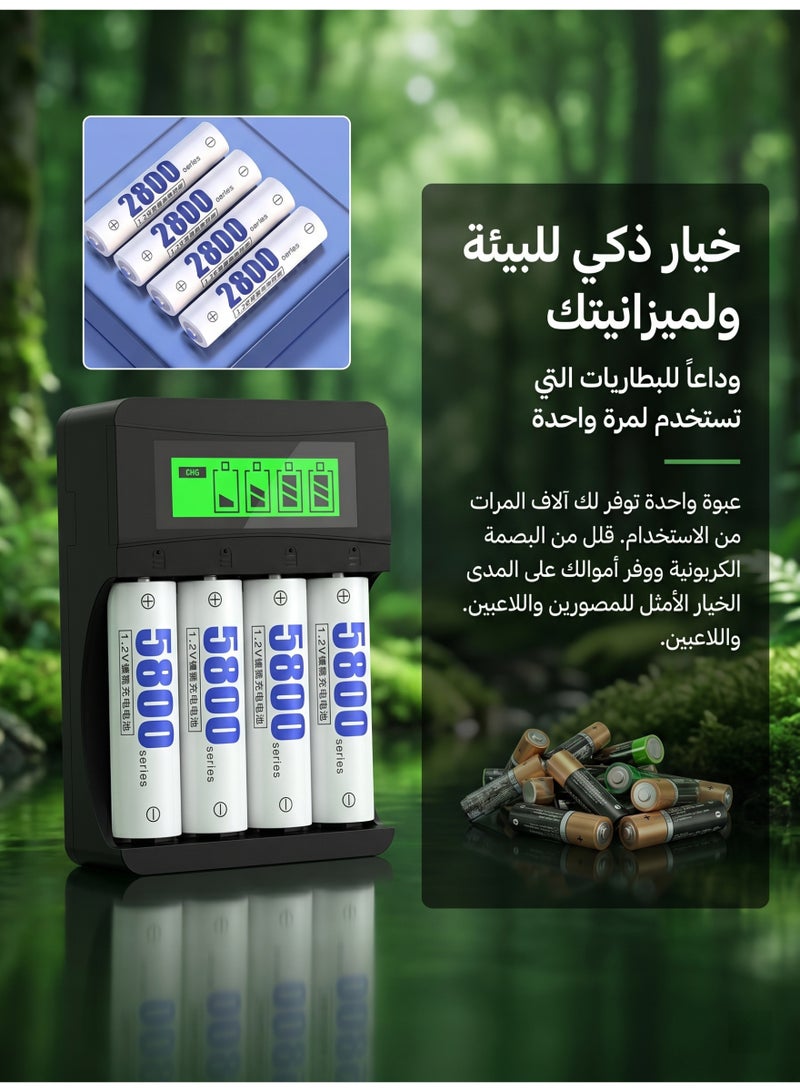 ميجيوسيون 4 حزمة بطاريات قابلة للشحن 5800mAh + 4 حزمة 2800mAh مع شاحن ذكي LCD | 1200 دورة، سعة عالية، بطاريات AA و AAA - Image 5