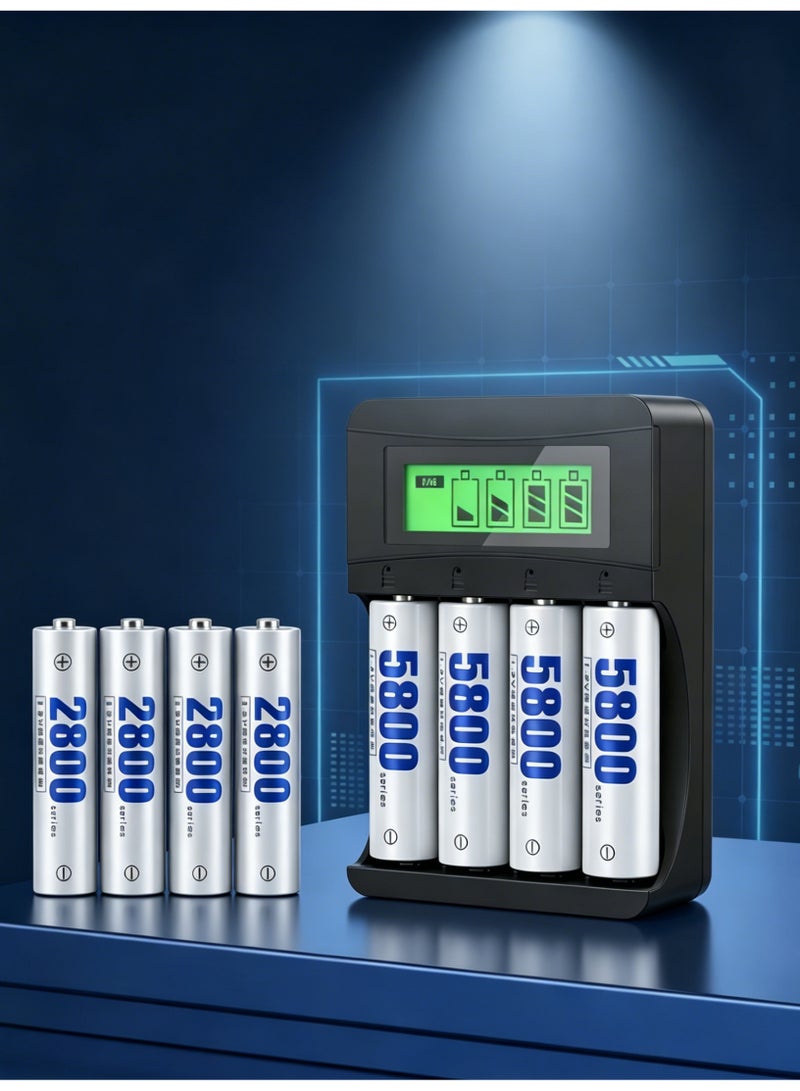 ميجيوسيون 4 حزمة بطاريات قابلة للشحن 5800mAh + 4 حزمة 2800mAh مع شاحن ذكي LCD | 1200 دورة، سعة عالية، بطاريات AA و AAA - Image 1