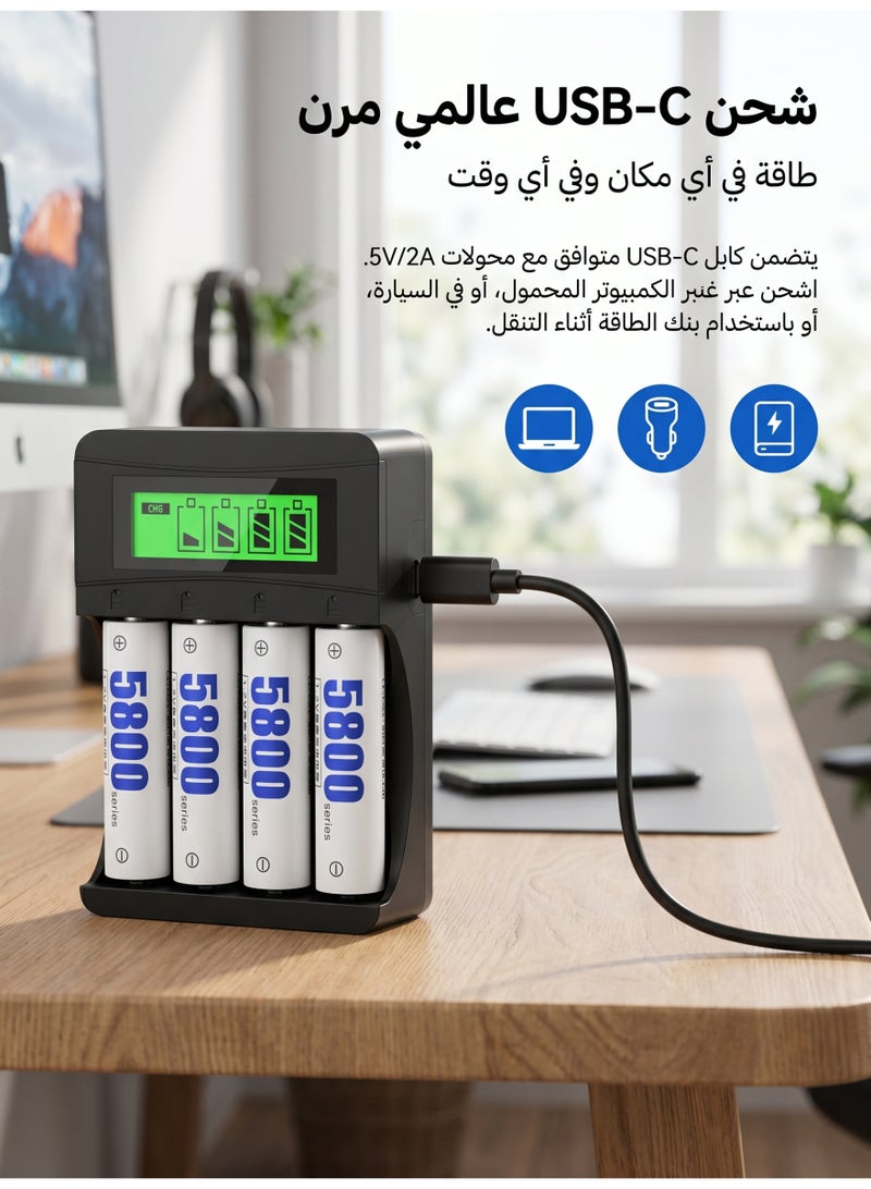 ميجيوسيون 4 حزمة بطاريات قابلة للشحن 5800mAh + 4 حزمة 2800mAh مع شاحن ذكي LCD | 1200 دورة، سعة عالية، بطاريات AA و AAA - Image 2
