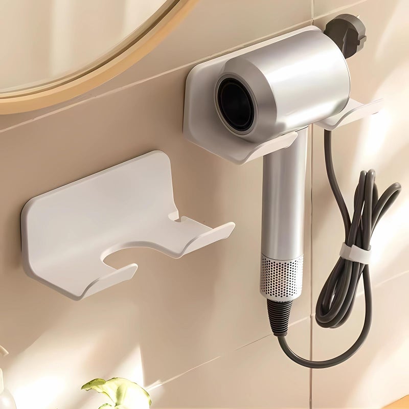 SUPTEC Universal Hair Dryer Holder, Blow Dryer Hanger Wall Mount for Hair Dryer Hook with Plug&Cord Organizer Self Adhesive for Cabinet Bathroom(1 Pack White) - Image 1