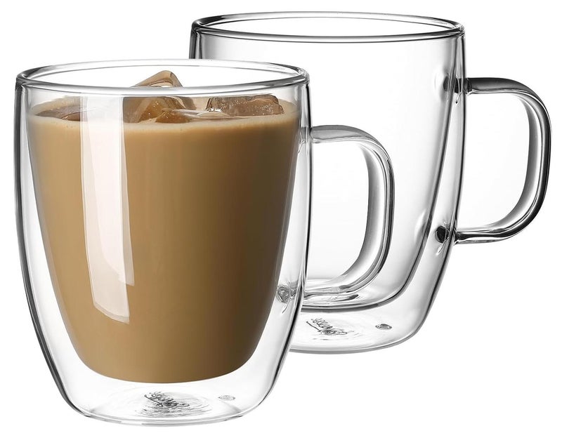 لوكاداه 2 قطعة من أكواب الإسبريسو المعزولة ذات الجدار المزدوج، أكواب قهوة زجاجية بمقبض، أكواب قهوة بطبقة معزولة، أكواب زجاجية شفافة من البورسليكات | أكواب قهوة مثالية للإسبريسو والكابتشينو واللاتيه والأمريكي وأكياس الشاي والمشروبات الساخنة - Image 1
