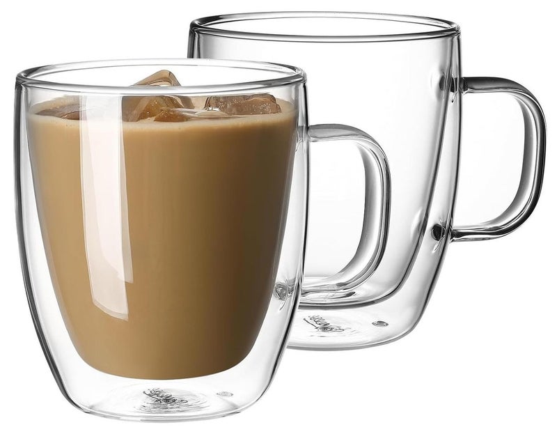 JIHAM 2 Pcs Double Wall Insulated Glasses Espresso Mugs, Glass Coffee Mugs with Handle, Insulated Layer Coffee Cups, Clear Borosilicate Glass Mugs | Perfect Coffee Mugs for Espresso, Cappuccino, Latte, American,Tea Bag, Hot Beverages - Image 1
