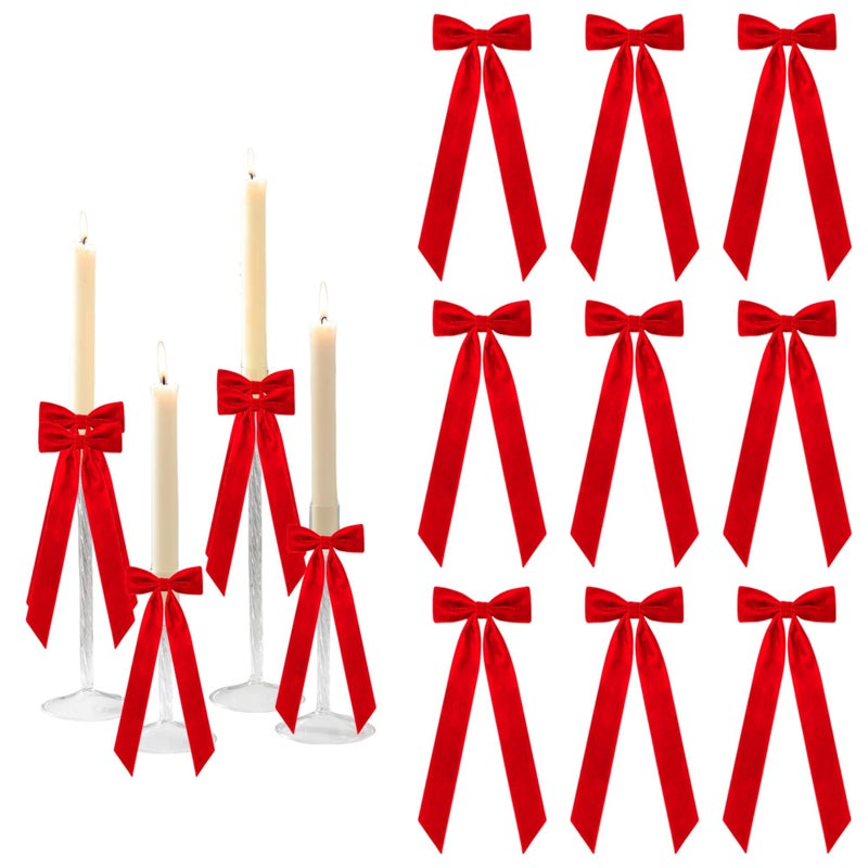 Meseey 12 Pcs Red Candlestick Decoration Bows Candle Holder with 5X13.5 Inch Decorative Velvet Bows for Bridal Showers, Birthdays Centerpieces Table Decor(Red) - Image 1