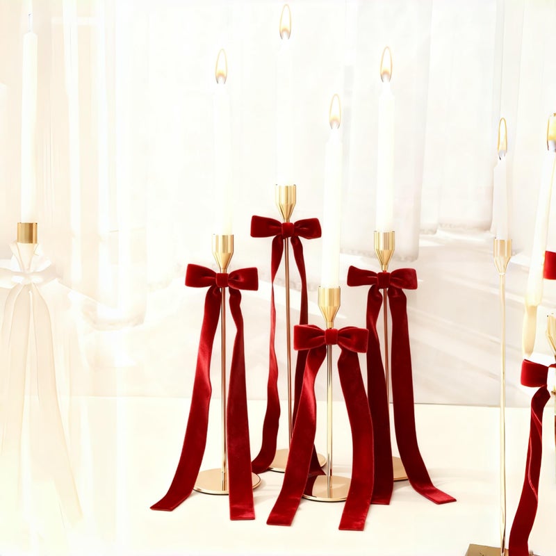 Meseey 12 Pcs Red Candlestick Decoration Bows Candle Holder with 5X13.5 Inch Decorative Velvet Bows for Bridal Showers, Birthdays Centerpieces Table Decor(Red) - Image 3