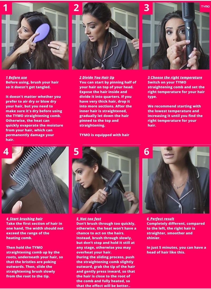 TYMO Hair Straightening Brush Hair Iron with Built-in Comb, Hair Dryer Fast Heating & 5 Temp Settings & Anti-Scald, Perfect for Professional Salon at Home, Reduces Styling Time, TYMO RING Matte Black  - Image 3