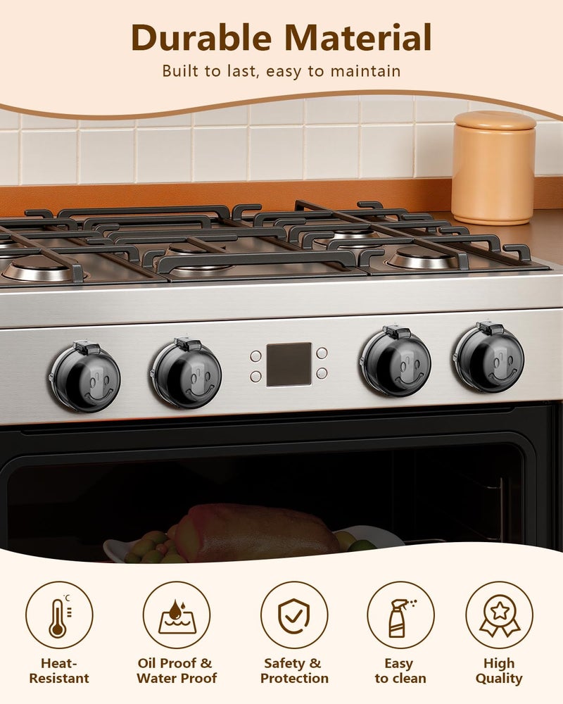 BBsecure Stove Knob Covers - 5 Pack Heat Resistant Gas Stove Knob Covers with Child Proof Lock & 3M Strong Adhesive, Oil-Proof Oven Knob Covers with Semi-Transparent Design, Black - Image 4