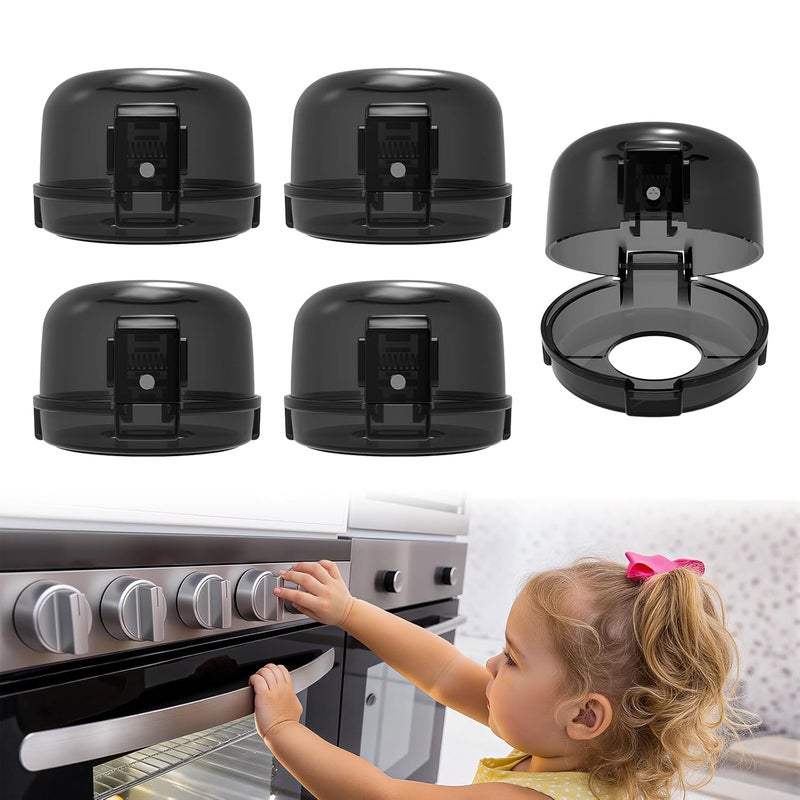 BBsecure Stove Knob Covers - 5 Pack Heat Resistant Gas Stove Knob Covers with Child Proof Lock & 3M Strong Adhesive, Oil-Proof Oven Knob Covers with Semi-Transparent Design, Black - Image 1