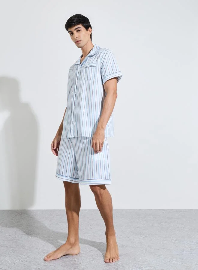 Multi-Color Striped Short Sleeves Shirt and Shorts Pyjama Set