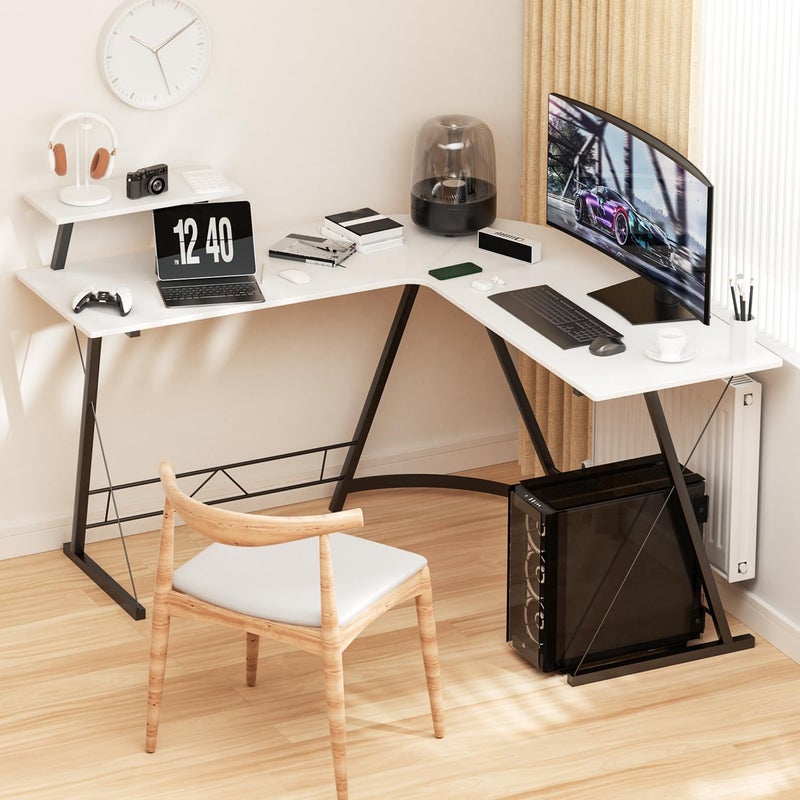 SKY-TOUCH L-Shaped Computer Desk｜Gaming Desk｜Pc Workstation｜Home Office Desk｜Corner Desk Study Desk With Removable Monitor Stand For Home Office Study Writing Workstation,129*46*71Cm,White - Image 2