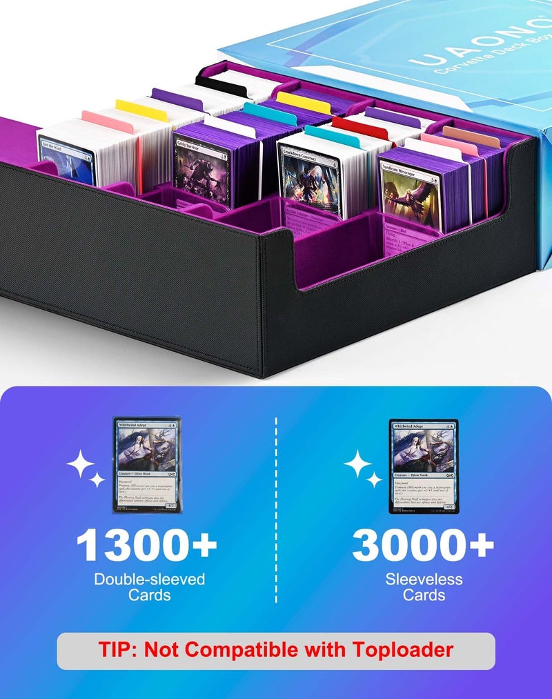 UAONO Trading Card Storage Box, Holds 2400 Sleeved Cards with 24 Dividers & 4 Stoppers, Magnetic Closure PU Leather Card Case for MTG, PTCG, YGO, Sports Cards (Black&Purple) - Image 5