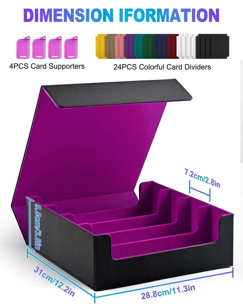 UAONO Trading Card Storage Box, Holds 2400 Sleeved Cards with 24 Dividers & 4 Stoppers, Magnetic Closure PU Leather Card Case for MTG, PTCG, YGO, Sports Cards (Black&Purple) - Image 2