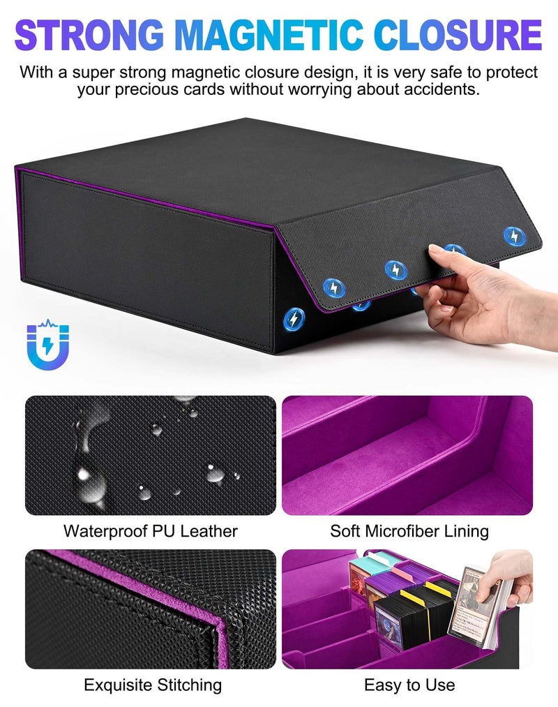 UAONO Trading Card Storage Box, Holds 2400 Sleeved Cards with 24 Dividers & 4 Stoppers, Magnetic Closure PU Leather Card Case for MTG, PTCG, YGO, Sports Cards (Black&Purple) - Image 3