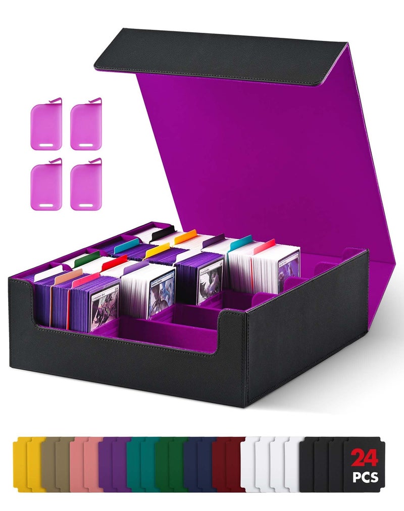 UAONO Trading Card Storage Box, Holds 2400 Sleeved Cards with 24 Dividers & 4 Stoppers, Magnetic Closure PU Leather Card Case for MTG, PTCG, YGO, Sports Cards (Black&Purple) - Image 1