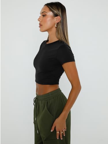 WYNNQUE Womens Crop Tops Cute Summer Scoop Neck Basic Tees Slim Fit Trendy Short Sleeve T Shirts for Teen Girls 2024 Black S - Image 3