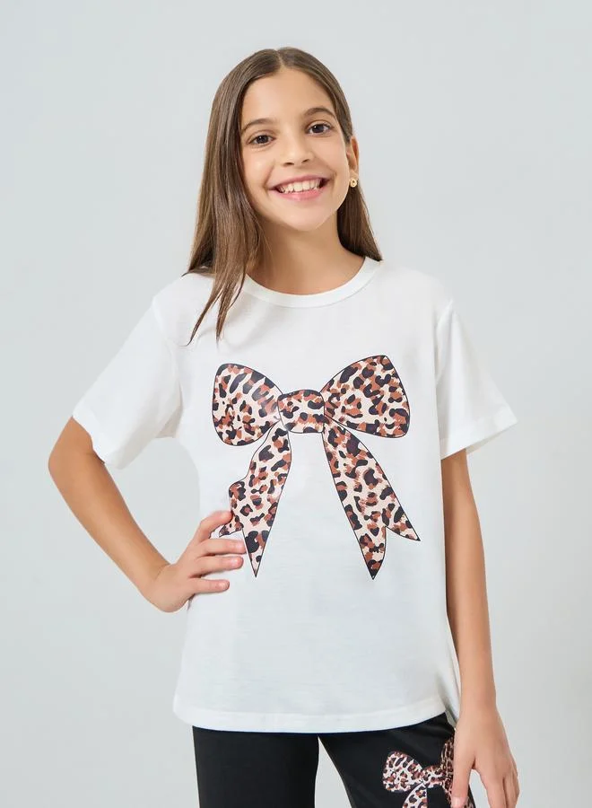 Styli Teens Leopard Bow T-Shirt and Shorts Set