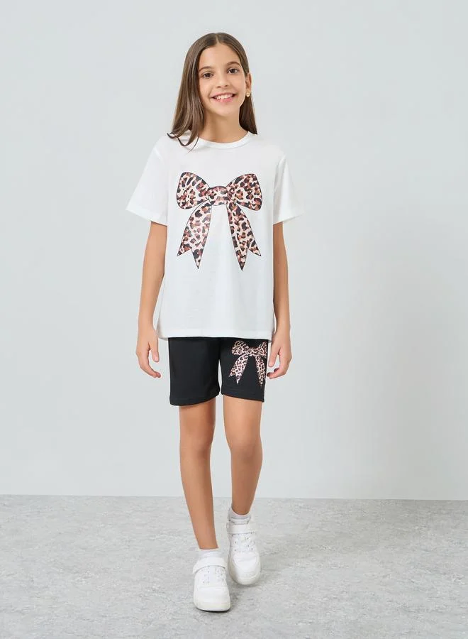 Styli Teens Leopard Bow T-Shirt and Shorts Set