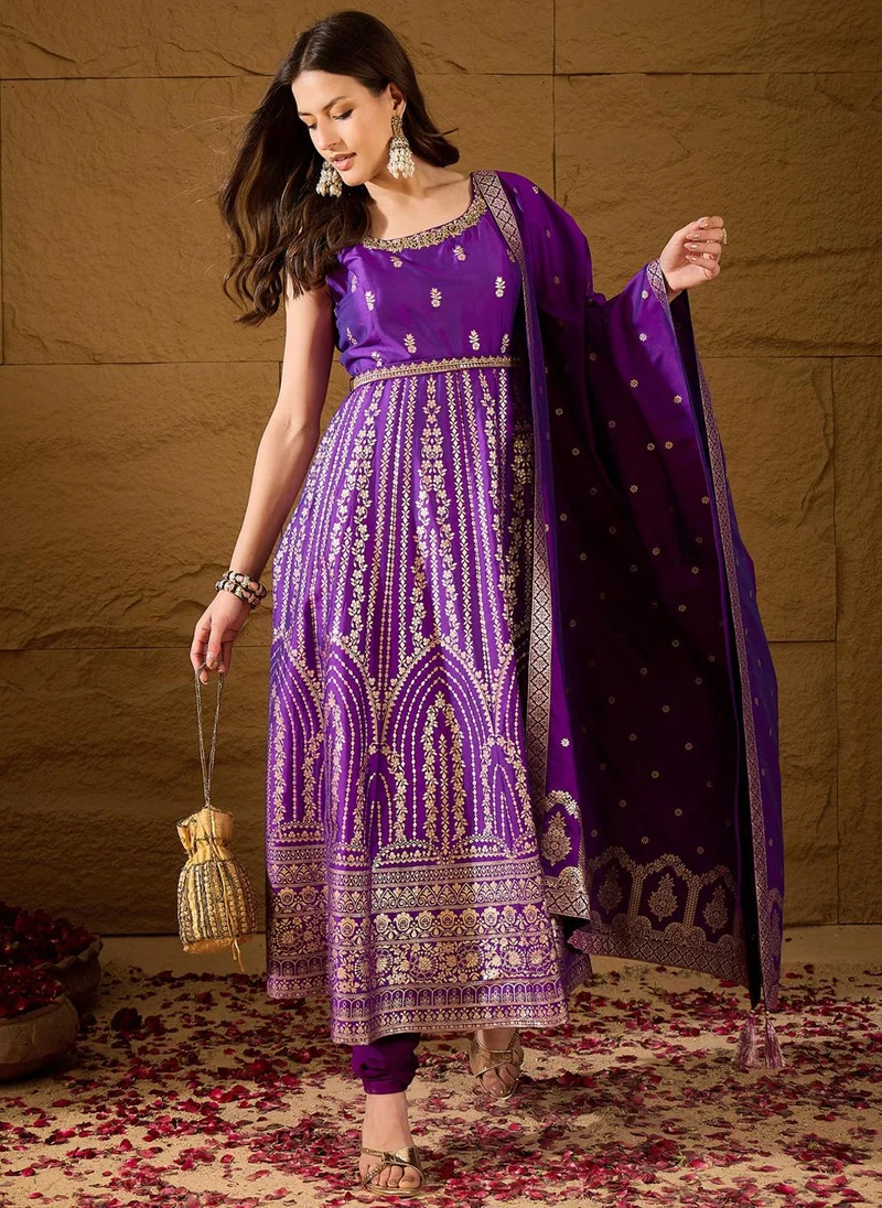 ZERESOUQ Purple Silk Blend Solid Woven Design Anarkali Kurta Trousers With Dupatta