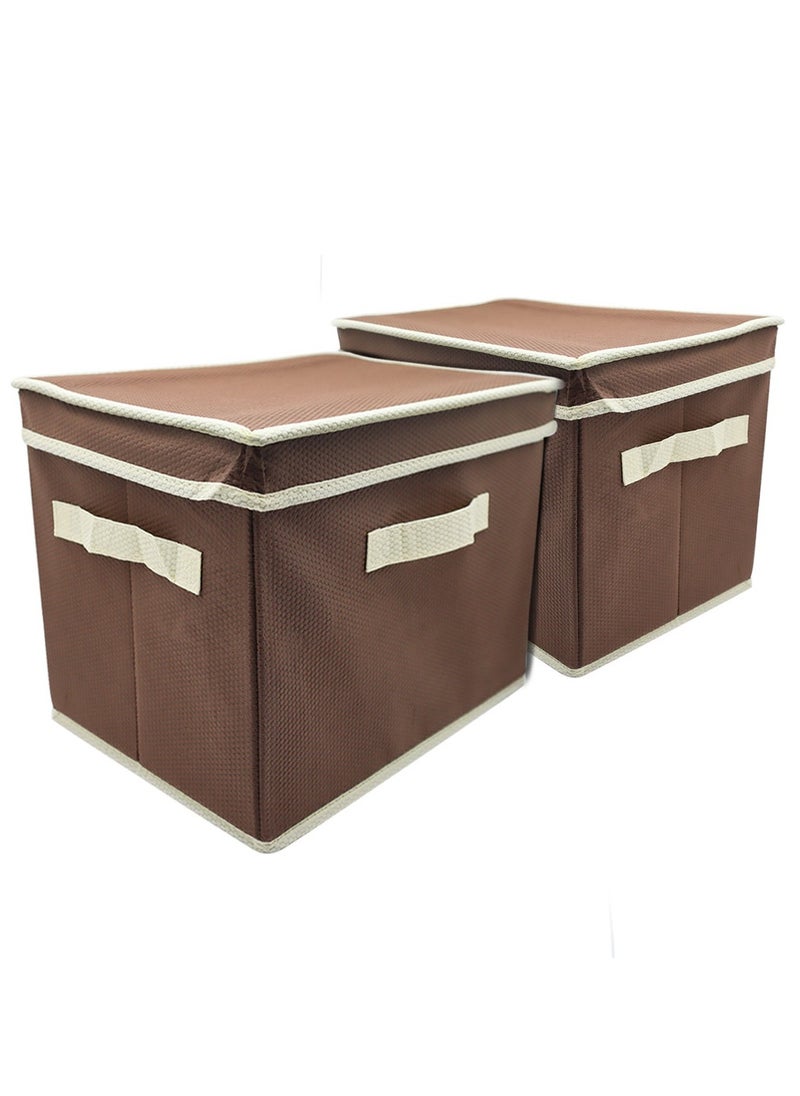 Generic Set of 2 Brown Fabric Storage Boxes with Lids – Clothes, Shoes, Toys Organizer  - Image 1
