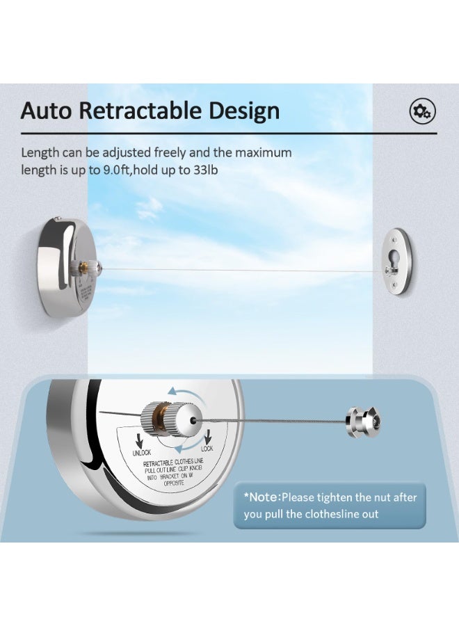 Retractable Clothesline 9 Feets, 304 Stainless Steel Clothes Line Dryer with Heavy Duty Adjustable Stainless Steel Rope String for Hanging Drying Bathroom, Laundry, Hotel, Indoor & Outdoor - Image 5