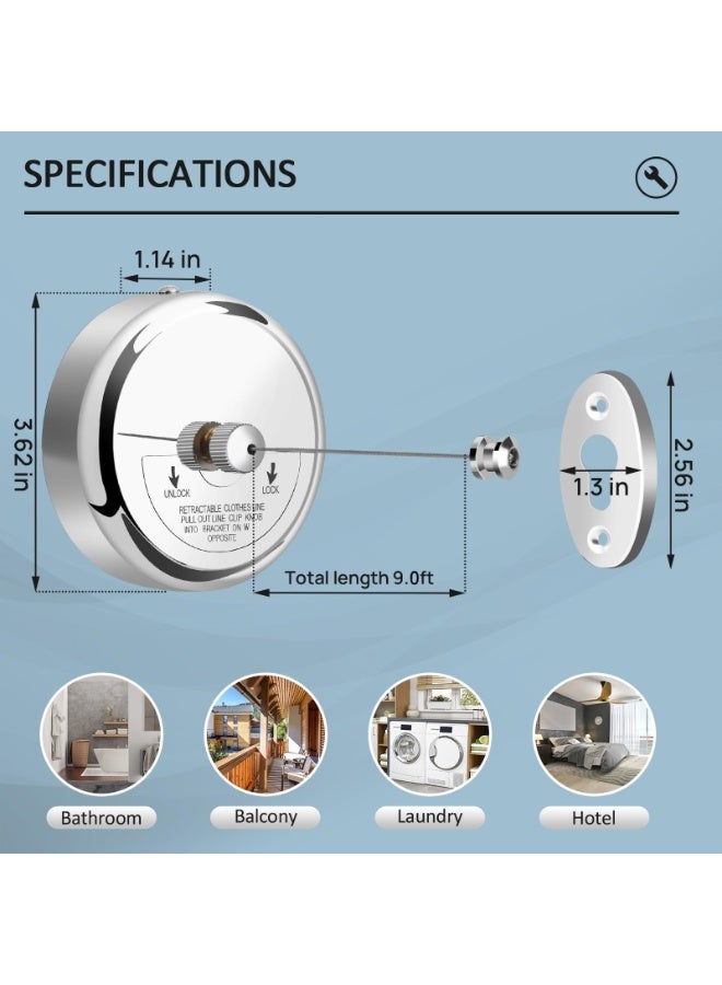Retractable Clothesline 9 Feets, 304 Stainless Steel Clothes Line Dryer with Heavy Duty Adjustable Stainless Steel Rope String for Hanging Drying Bathroom, Laundry, Hotel, Indoor & Outdoor - Image 3