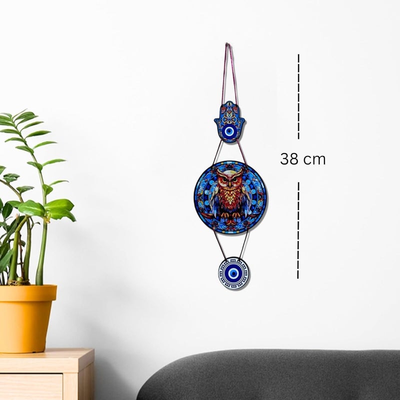 DECORIQUE Wooden Evil Eye Owl Wall Hanging – Handcrafted Decorative Art for Home, Living Room, Bedroom, Entryway – Protection Amulet | Boho Modern Decor Piece for Positive Energy & Style - Image 4