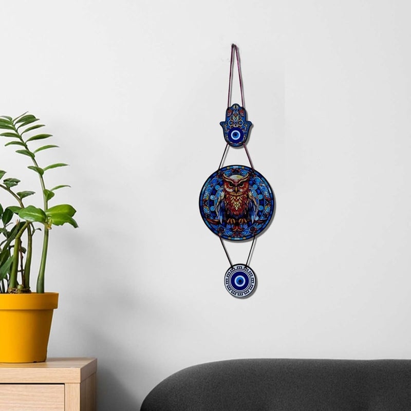 DECORIQUE Wooden Evil Eye Owl Wall Hanging – Handcrafted Decorative Art for Home, Living Room, Bedroom, Entryway – Protection Amulet | Boho Modern Decor Piece for Positive Energy & Style - Image 1