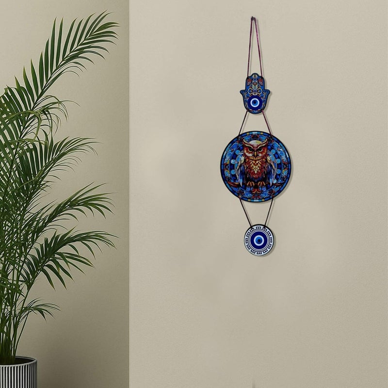 DECORIQUE Wooden Evil Eye Owl Wall Hanging – Handcrafted Decorative Art for Home, Living Room, Bedroom, Entryway – Protection Amulet | Boho Modern Decor Piece for Positive Energy & Style - Image 2