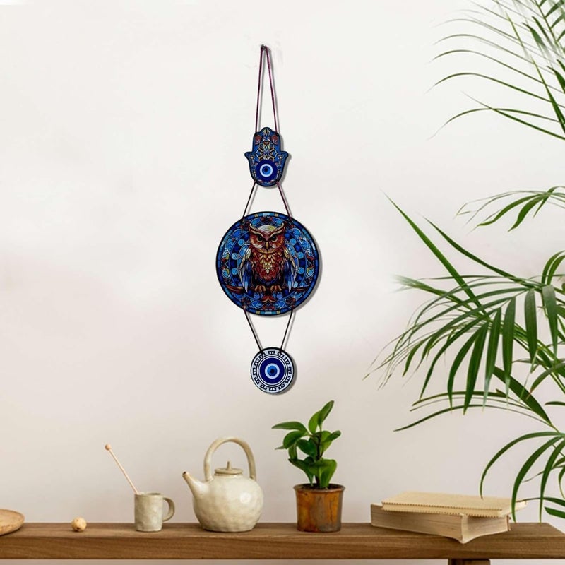 DECORIQUE Wooden Evil Eye Owl Wall Hanging – Handcrafted Decorative Art for Home, Living Room, Bedroom, Entryway – Protection Amulet | Boho Modern Decor Piece for Positive Energy & Style - Image 3