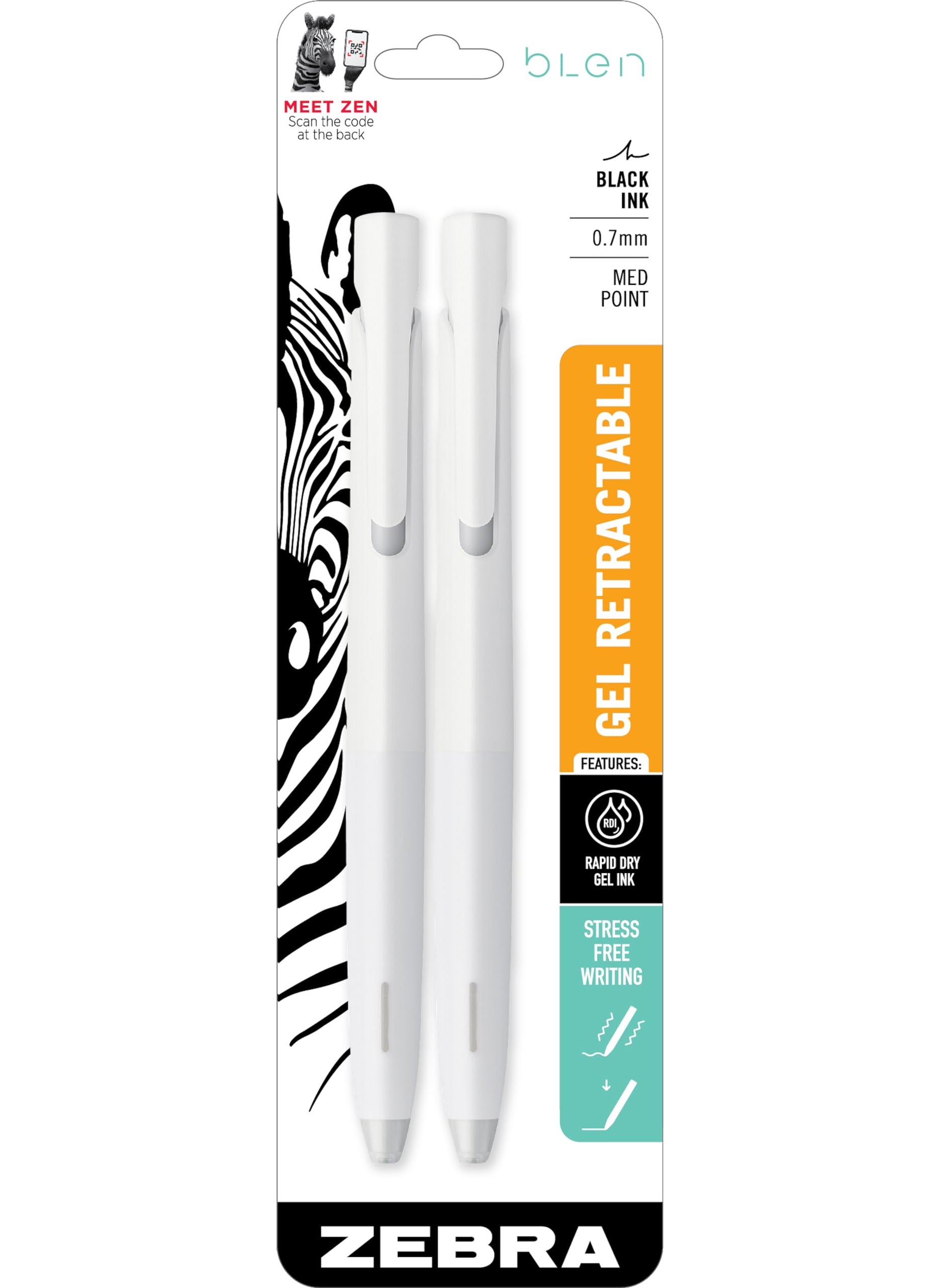 ZEBRA Zebra Pen bLen Retractable Gel Pen, White Barrel, Medium Point, 0.7mm, Black Ink, (41402), 2-Count (Pack of 1)  - Image 1