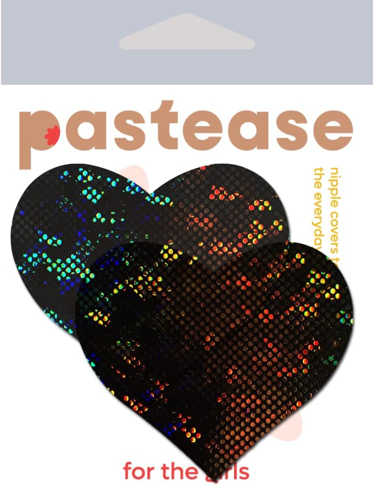 PASTEASE Store Heart Pasties - Holographic Black Heart Nipple Covers for Festivals, Raves, & Lingerie | Halloween Accessory | Latex Free & Made in USA (Holographic Disco Black Heart) - Image 2