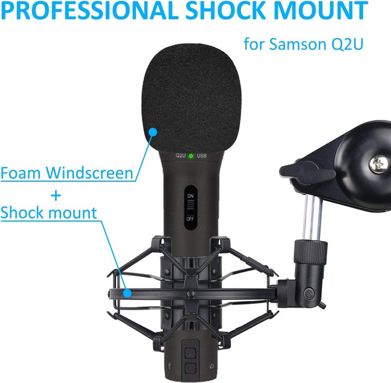 SUNMON Q2U Microphone Shock Mount Holder with Foam Windscreen for Absorbe Vibration and Noise, Pop Filter Suitable for Samson Q2U USB/XLR Dynamic Mic - Image 2
