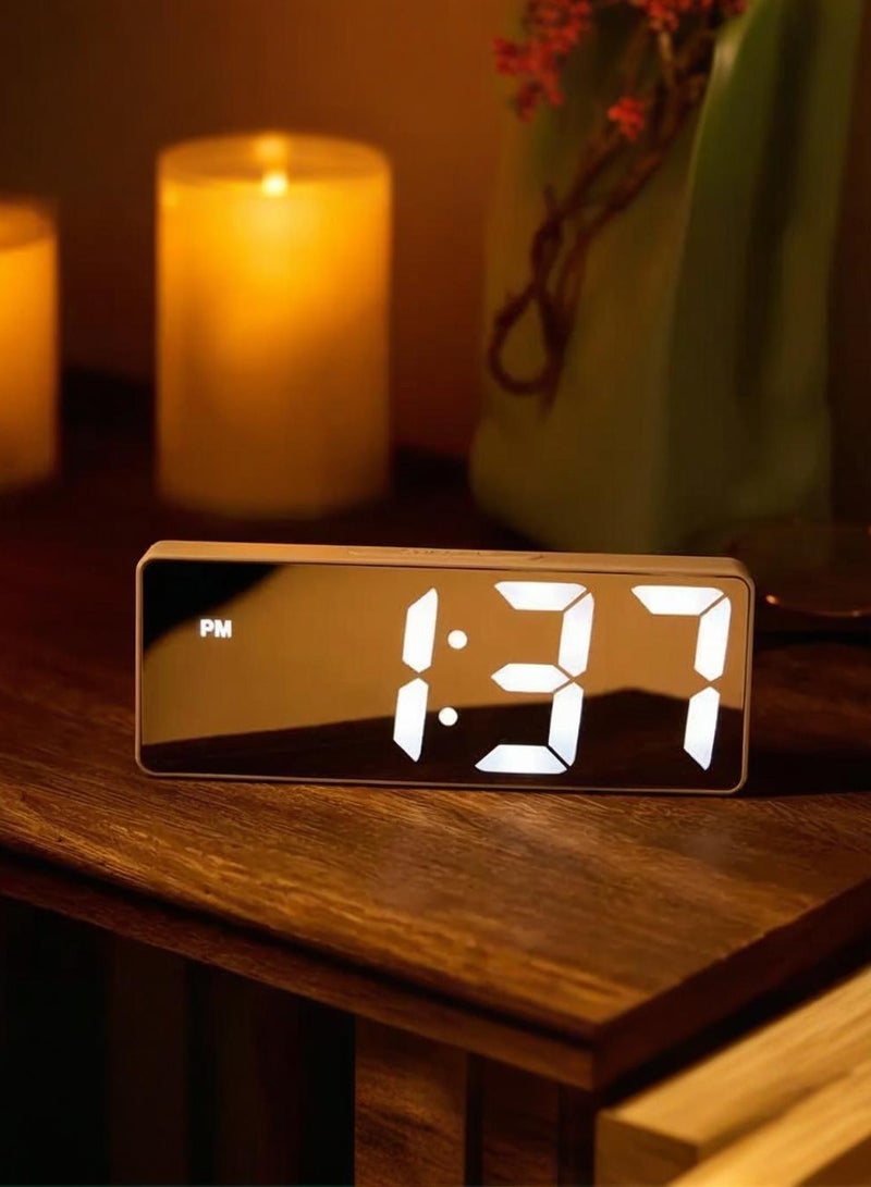 Modern Led Digital Alarm Clock With Mirror Finish Adjustable Brightness, Temperature Display, Usb Powered Desk Clock For Bedroom Decor , Batteries Not Included Alarm Clocks For Bedrooms（White）  - Image 2