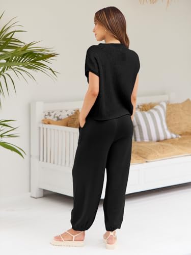 LILLUSORY Two 2 Piece Sets Womens 2025 Spring Summer Matching Lounge Sweatsuits Sweat Suits Trendy Travel Beach Vacation Fashion Resort Wear Outfits Knit Loungewear Clothes Clothing Black XS - Image 5