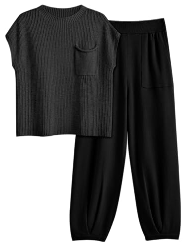 LILLUSORY Two 2 Piece Sets Womens 2025 Spring Summer Matching Lounge Sweatsuits Sweat Suits Trendy Travel Beach Vacation Fashion Resort Wear Outfits Knit Loungewear Clothes Clothing Black XS - Image 1