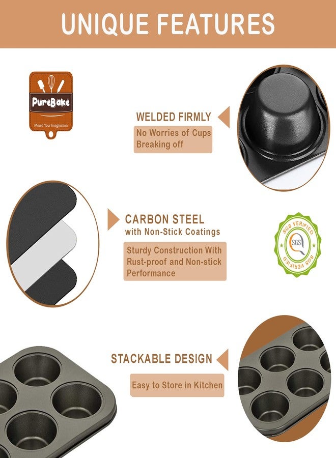 PureBake Muffin Tray with 6 Cavities and 100 Muffin Liners - SGS Certified Non-Stick Bakeware, Oven Safe, Microwave Safe, Dishwasher Safe, Carbon Steel Cupcake Mould for Baking - 1PCS, Black - Image 3