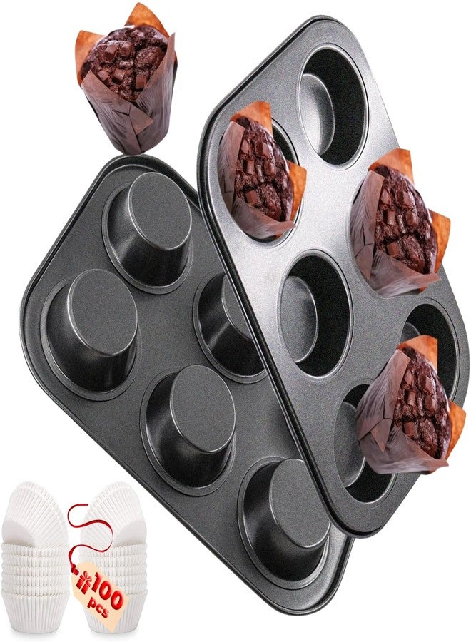 PureBake Muffin Tray with 6 Cavities and 100 Muffin Liners - SGS Certified Non-Stick Bakeware, Oven Safe, Microwave Safe, Dishwasher Safe, Carbon Steel Cupcake Mould for Baking - 1PCS, Black - Image 1