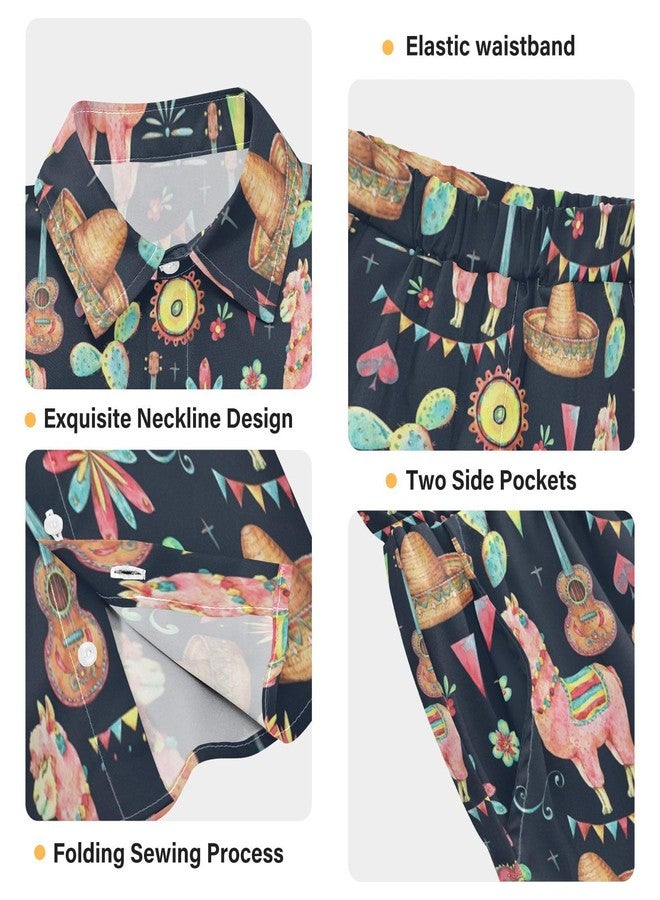 visesunny Toddler Boys 2 Piece Outfit Button Down Shirt and Short Sets Mexican Style Sun Cactus Llama Sombrero Flower Boy Summer Outfits for Infant Baby Children Kids - Image 5