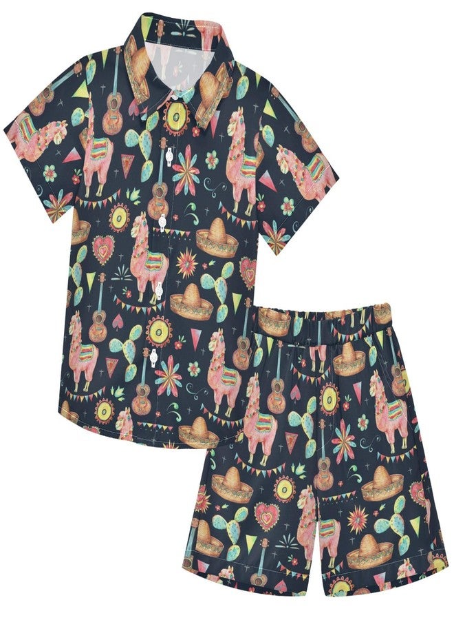 visesunny Toddler Boys 2 Piece Outfit Button Down Shirt and Short Sets Mexican Style Sun Cactus Llama Sombrero Flower Boy Summer Outfits for Infant Baby Children Kids - Image 1
