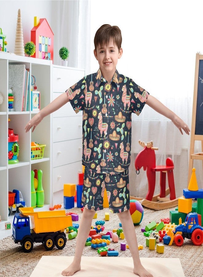visesunny Toddler Boys 2 Piece Outfit Button Down Shirt and Short Sets Mexican Style Sun Cactus Llama Sombrero Flower Boy Summer Outfits for Infant Baby Children Kids - Image 2
