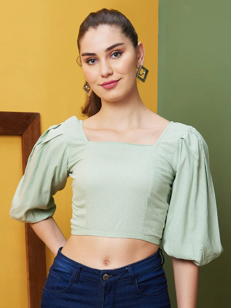 globus Women Green Puff Sleeve Crop Top